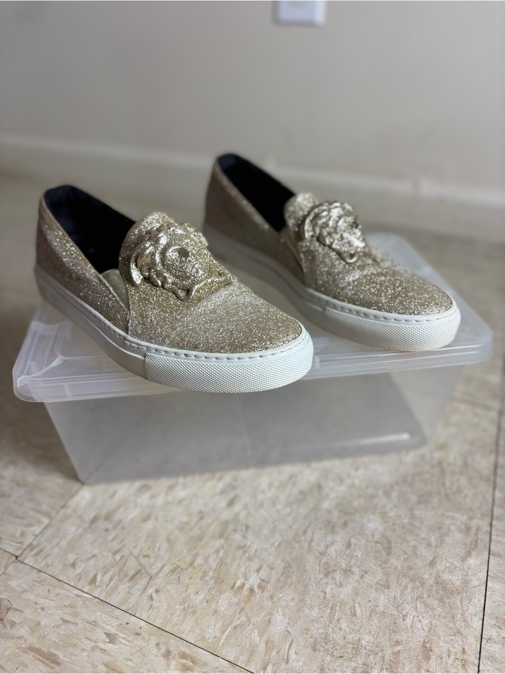 Versace Gold Glitter Slip-On Mules with Medusa Rosette